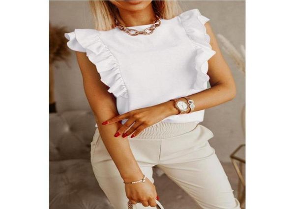 

summer women t shirt short sleeve solid ruffles loose elegant vintage casual plus size tee streetwear vetement femme wome4486870, White
