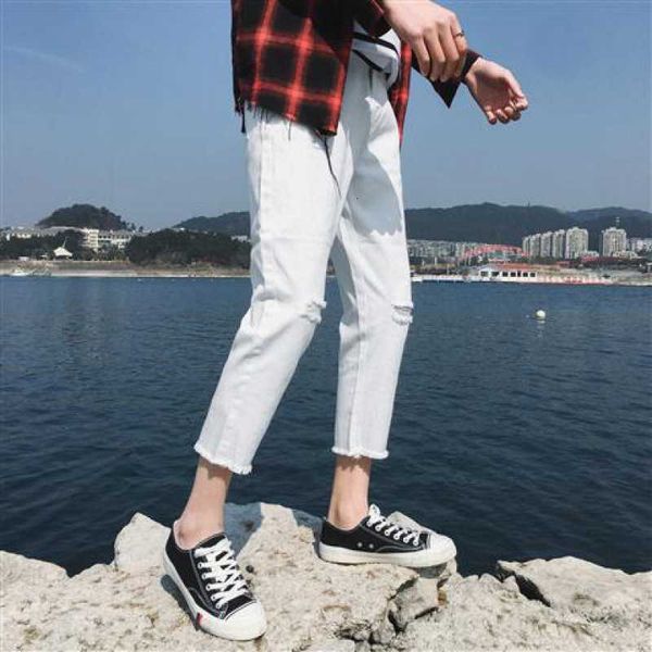 

summer casual pants men's loose fitting straight tube casual men's rough edge irregular jeans men's torn holes, Blue