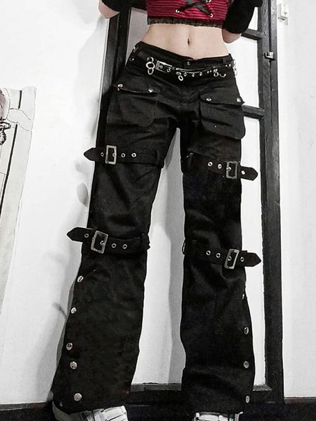 

women's pants capris eyelet buckle cyber punk goth baggy jeans y2k woman techwear dark academic solid e girl cargo pants denim gothic h, Black;white
