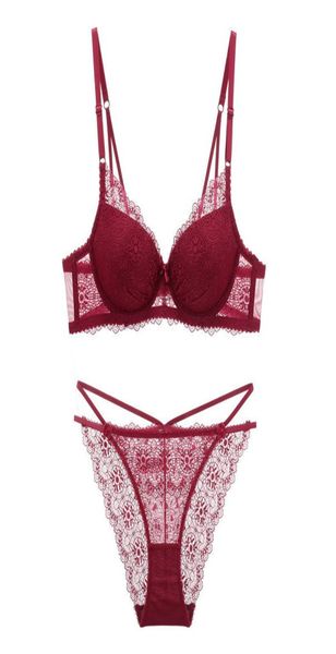 

new style women039s deep v bra lace gathered bra upper thin lower thick underwear suit9598098, Red;black