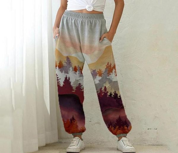 

fashion women039s mountain treeprinted pocket sports high waist sweatpants streetwear jogger loose running athletic pants37424992, Black;white