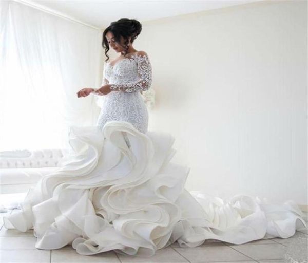

plus size mermaid wedding dresses 2019 long sleeve lace applique cascading ruffles bridal gowns with court train vintage wedding d8101807, White