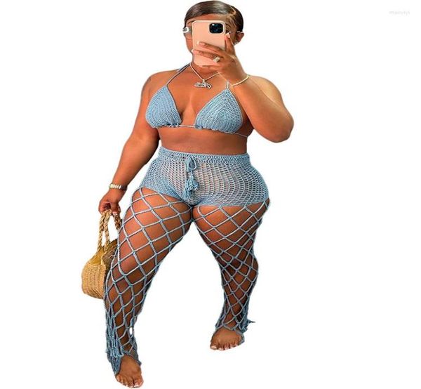 

women039s two piece pants 2022 women summer tracksuit set hollow out bandage bra and fishnet long female beach vacati7086572, White