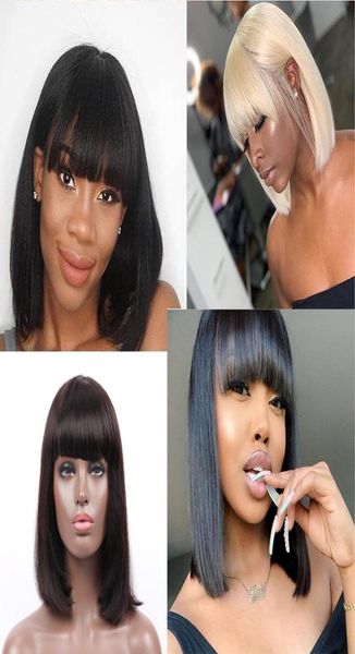 

peruvian short bob straight wigs 100 with bangs lace front human hair wigs for women non remy bob wigs7894828, Black