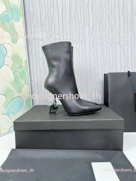 

luxury opyum boots designer boots women letter heel ankle boots fashion leather metal spike zipper high-quality boots 35-41, Black