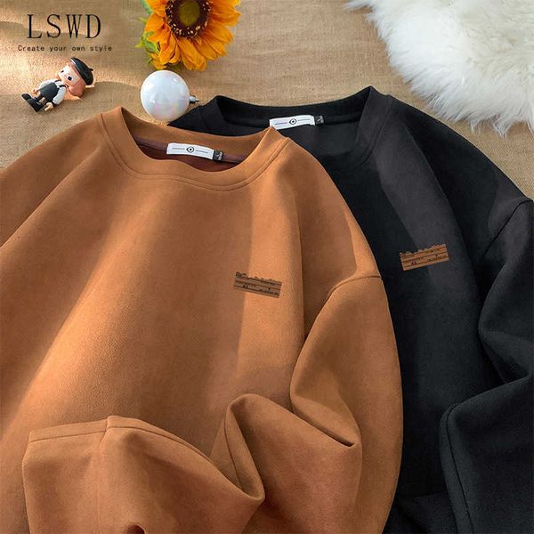 

2023 autumn new suede sweater vintage american t-shirt loose long sleeve underlay men's top, Black