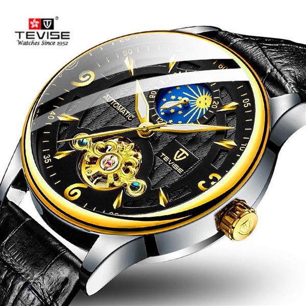 

fashion brand tevise men watch automatic mechanical watch leather strap moon phase tourbillon sport clock relogio masculino268h, Slivery;brown
