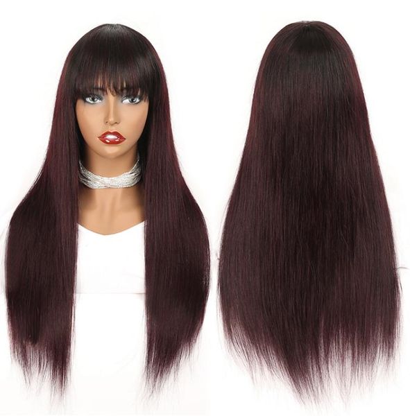 

dark roots wine red glueless wig long human hair peruvian remy straight ombre wigs with bangs for black women colored 1b 99j burgu5529143, Black;brown