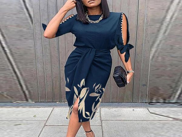 

casual dresses women hollow out short sleeve party dress elegant o neck folds kneelength lacing up femme bodycon2341488, Black;gray