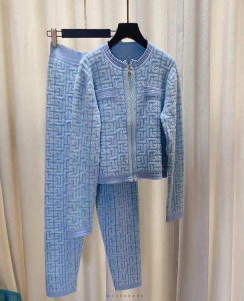 

2022 women039s two piece pants knitted mink fleece pocket zipper cardigan trousers suit 8118174383, White