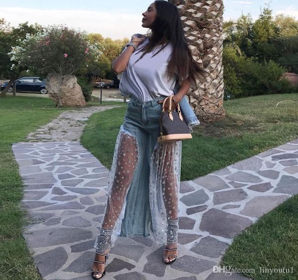 

2020 women wide leg pants sheer mesh star print splice denim pants high waist casual loose pants jeans fashion party trousers6096067, Blue