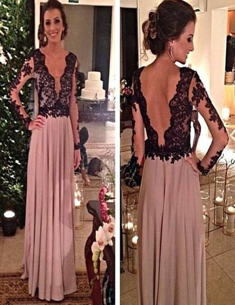 

robe de soire arabic evening dresses black lace sheer long sleeve celebrity party dresses chiffon plunging neckline backless prom 8296679, Black;red