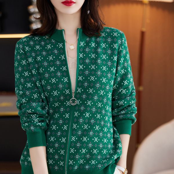 

women's knits tees autumn winter women 100 cotton color block jacquard sweater oneck cardigan outerwear knit zipper warm jacket 230821, White