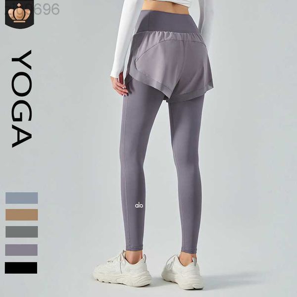 

desginer al yoga alopants high stretch fake two-piece anti glare pants double layered running fitness tight pants, Black