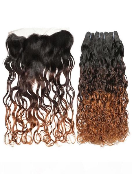 

t1b 4 30 ombre lace frontal closure with bundles brazilian water wave weaves 3 bundles with ear to ear lace closure9695710, Black;brown