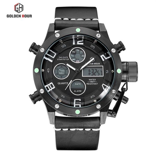 

reloj hombre goldenhour leather led watch men casual army alarm watches sport quartz man wrist watch waterproof male clock234z, Slivery;brown