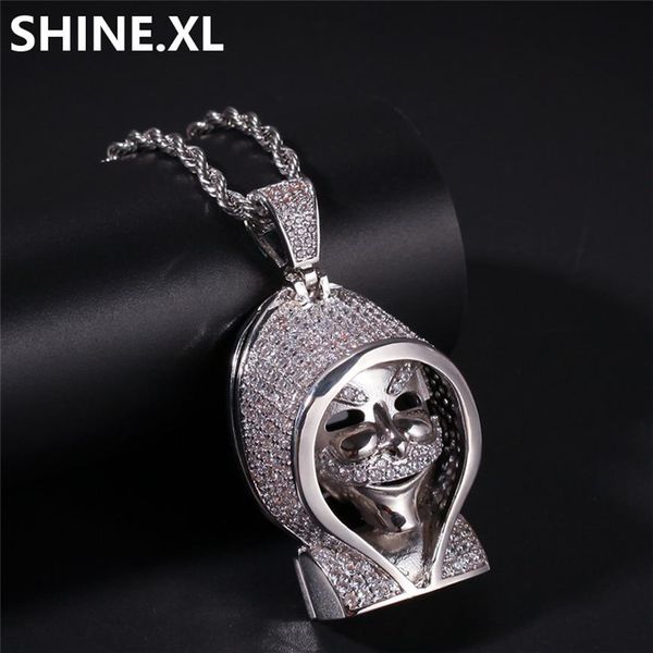 

iced out solid black death skull pendant necklace micro paved lab zircon white gold plated mens hip hop jewelry gift2669, Silver