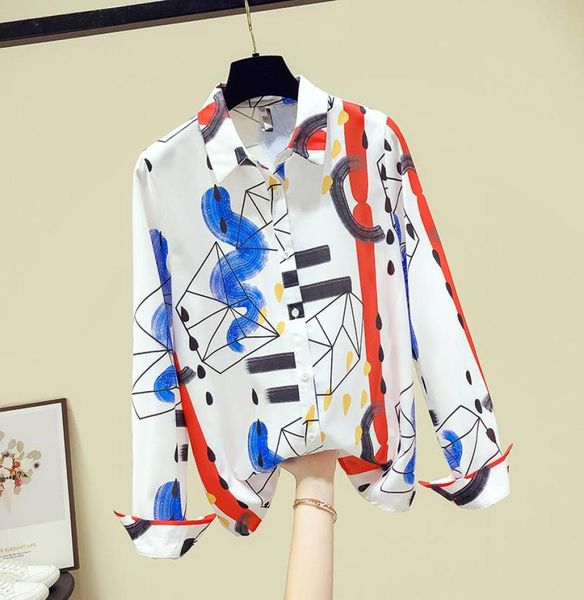 

new fashion colorful scrawl shirts 2020 autumn women039s turn down collar long sleevese shirt ladies blouses shirts a38152762491, White