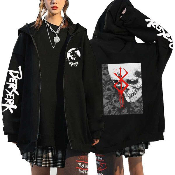 

men's hoodies sweatshirts berserk zipper anime graphic printed jackets casual loose hoodie fleece streetwear jacket y2k style clothing, Black
