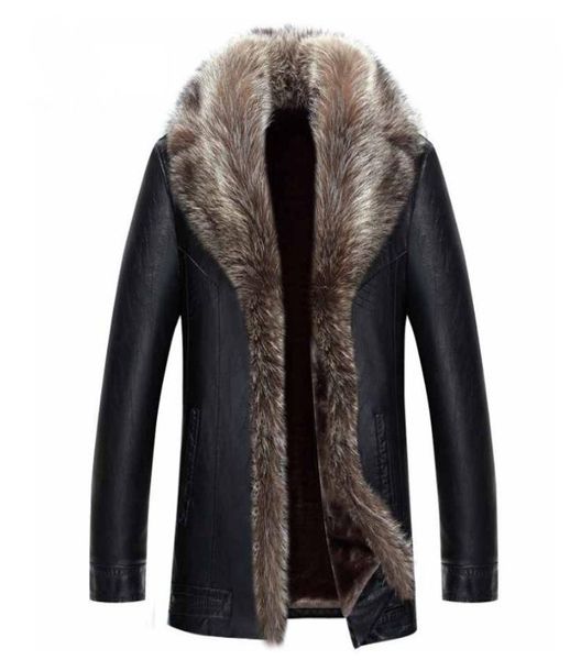 

mens winter coat fur inside leather jacket real raccoon fur collar outwear overcoat warm thickening plus size leather jackets2551840, Black