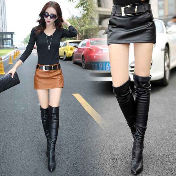 

new design fashion women039s high waist with belt sashes pu leather short skirt inside safety shorts culottes boot cut sho4986672, Black