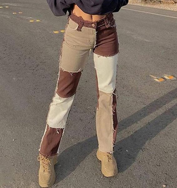 

autumn brown women cowboy striped patchwork jeans street casual hip hop high waist loose straight jeans womens fashion pants7698022, Blue
