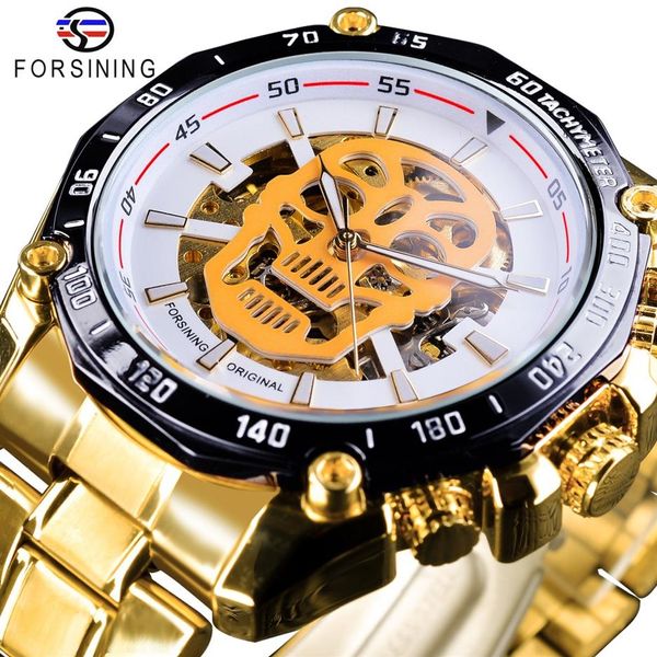 

forsining 2018 white dial fashion skull design golden skeleton clock luminous hands men's automatic watches brand luxury285d, Slivery;brown