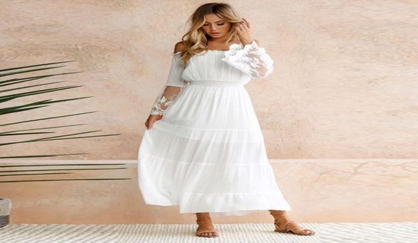 

elegant lace white tunic summer maxi dress women slash neck strapless long sleeve beach boho long dress vintage dresses vestidos2807059, White;black