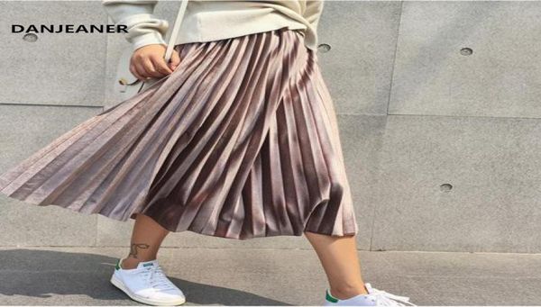 

danjeaner spring women long metallic silver maxi pleated midi high waist elascity casual party skirt vintage mx1907317427737, Black