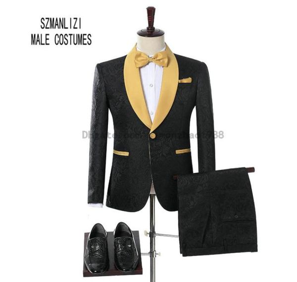 

2018 brand groom tuxedos groomsmen one button black flower gold shawl lapel custom made formal groom wear men wedding tuxedos wedd4784957, Black;gray