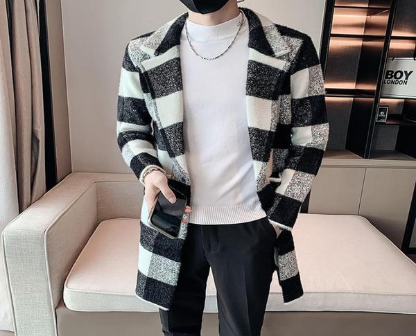 

men039s trench coats stylish vintage plaid retro checker printed long jackets england gentleman overcoats mens elegant coat5042690, Tan;black