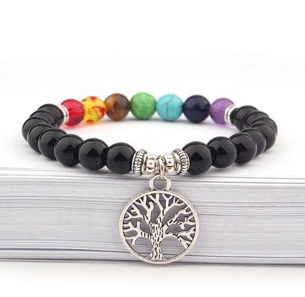 

8mm natural stone bracelet 7 chakra tree of life charm bracelets multicolor beads stones bracelet women men yoga bracelets1438675, Golden;silver