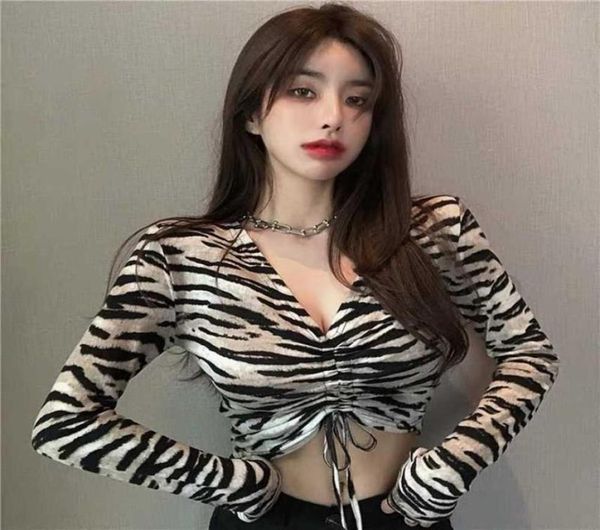 

spring and autumn vneck longsleeved striped feminine drawstring short tshirt zebra print fashionable 2106045075599, White