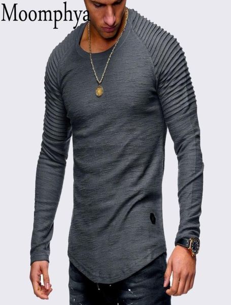 

moomphya long sleeve men t shirt pleated shoulder slim fit tshirt men longline curved hem skinny hip hop tshirt streetwear5349571, White;black