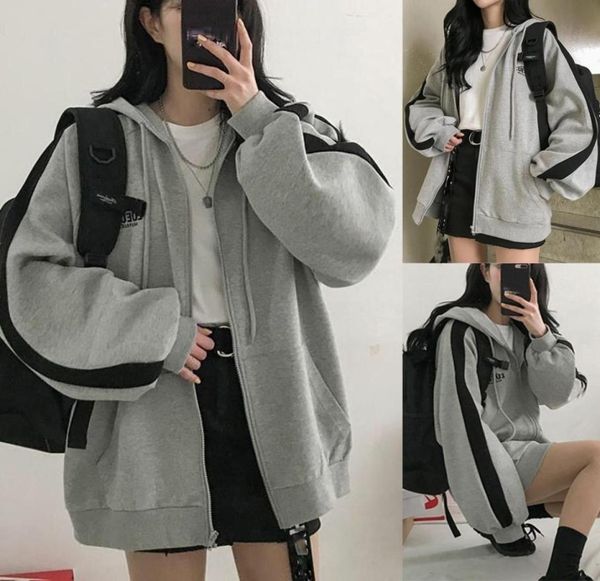 

harajuku style gray oversize student outwear fashion women splicing hooded long sleeve loose korean style coat streetwear cx201512905, Black