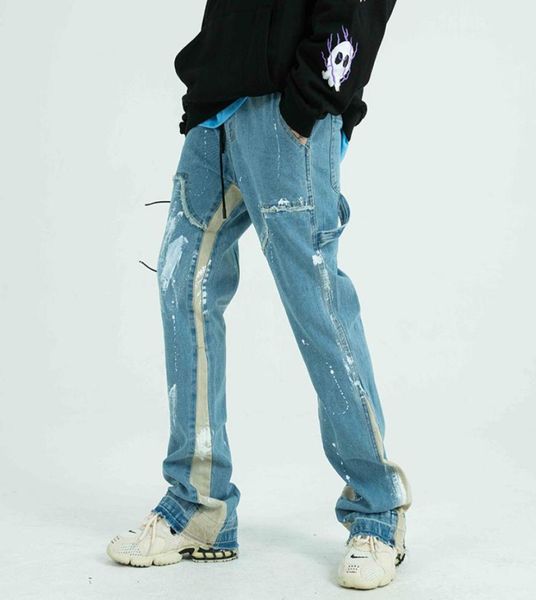 

painted drawstring jeans men frayed side ribbon loose casual denim trousers hip hop couple pants34343082971878, Blue