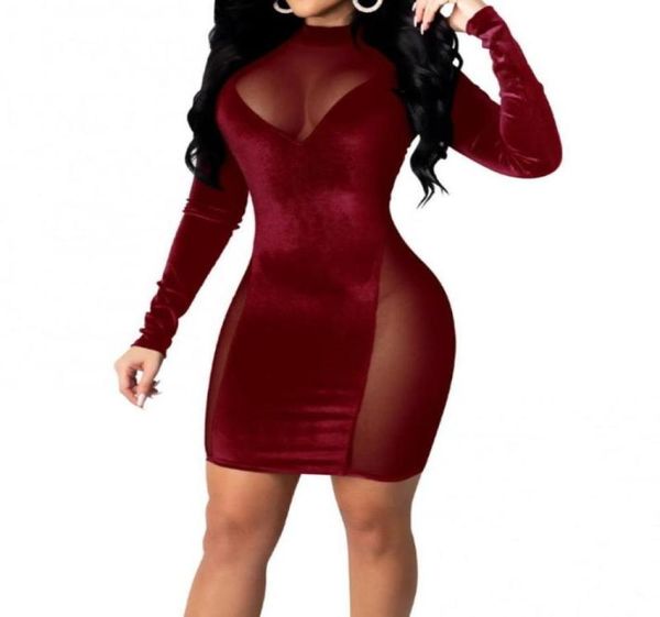 

casual dresses women party dress autumn o neck long sleeve sheer patchwork velvet mesh see through mini bodycon vestidos 20211517799, Black;gray