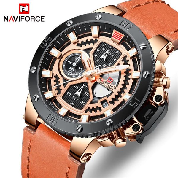 

naviforce mens watches brand luxury quartz gold watch men leather military waterproof sport wristwatch relogio masculino307y, Slivery;brown
