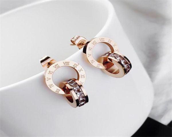 

yun ruo 2020 fashion zircoina inlay roman stud earring woman rose gold color titanium steel jewelry girl gift party never fade8973126, Golden;silver