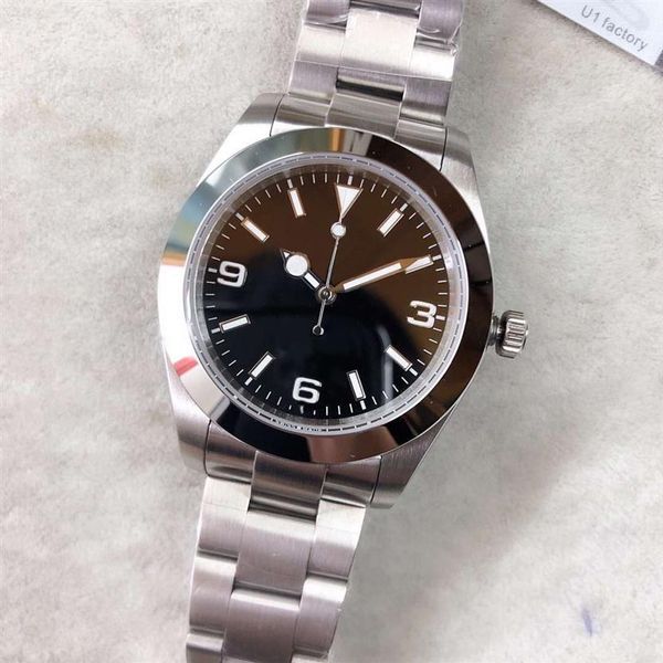 

st9 39mm automatic mechanical mens watch watches silver case black dial 369 stainless steel bezel minute markers around 214270266b, Slivery;brown