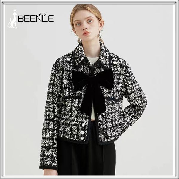 

women's wool blends beenle tweed jacket women's spring woolen suit black lapel short jacket retro style bow jacket coat 230822