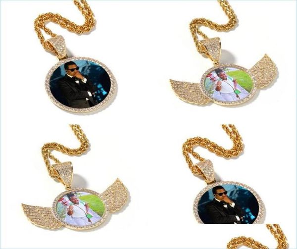 

pendant necklaces hip hop iced out custom picture pendant necklace rope chain charm round with shiny wings copper zircon jewelry m3692722, Silver