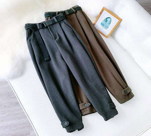 

woolen with belt solid women harem pants high waist button loose female trousers 2020 autumn winter casual ladies bottom9403530, Black;white