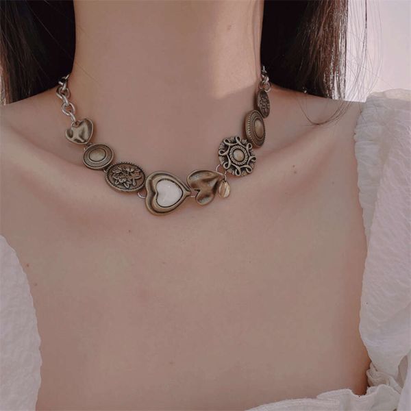 

designer style brass vintage love titanium steel necklace for women with personalized chinese punk buttons, collarbone chain, versatile, Silver