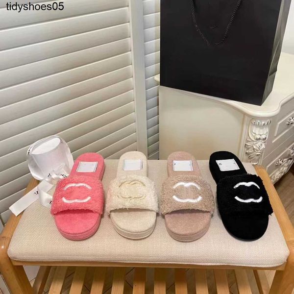 

channel embroidery slippers for women in autumn 2022 new casual versatile one piece flat bottom outerwear fur shoes, Black