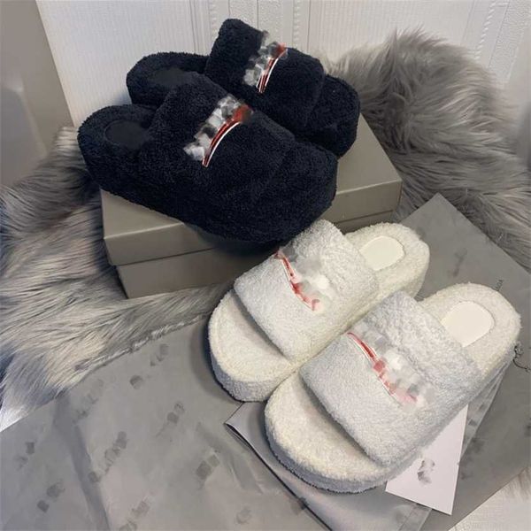 

luxury winter warm platform slides paris designer women thick bottoms slippers ladies wool fur fluffy furry bb letters sandals comfortable f, Black