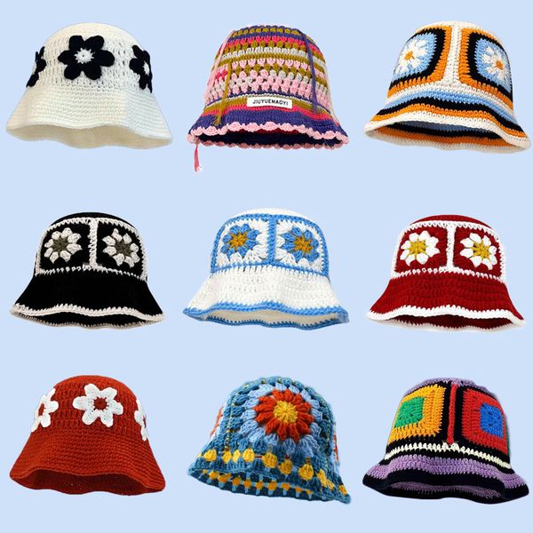 

wide brim hats bucket 2023 autumn crochet hat korean handmade women s weaving knitted y2k fashion flowers winter beanies 230822, Blue;gray
