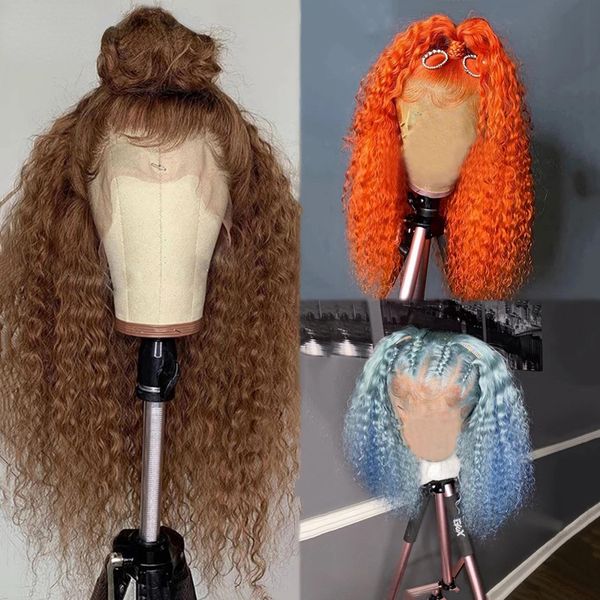 

Brown /blue Colored Kinky Curly Lace Front Human Hair Wigs Orange Lace Front Wig HD Transparent Lace Deep Wave Frontal Wig, Customize