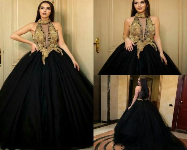 

2019 beaded black and gold prom dresses a line halter sleeveless sweep train evening gowns sleeveless formal dress8330916