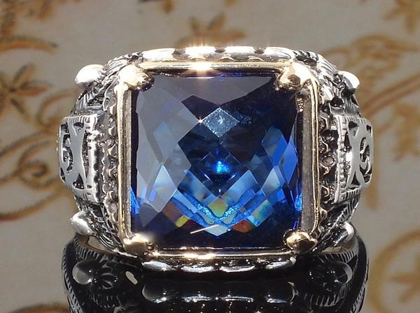 

cluster rings vintage punk large blue stone hip hop carved geometric cut zircon finger for men039s jewelry bague homme z4q9399705105, Golden;silver
